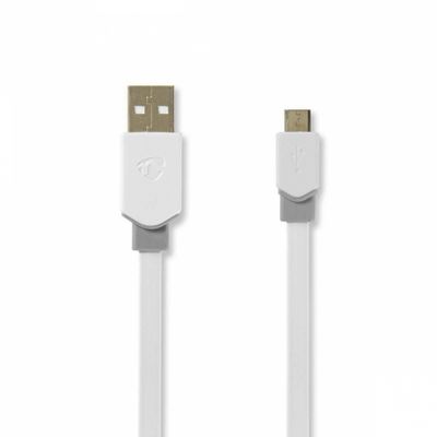 Nedis USB 2.0 USB-A wtyk do Micro-USB wtyk, 1 m. Biały, płaski