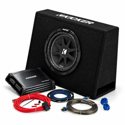 Kicker KickPack KKP210, zestaw basowy ze smukłą obudową basową typu bass-reflex 10 cali, wzmacniaczem i okablowaniem