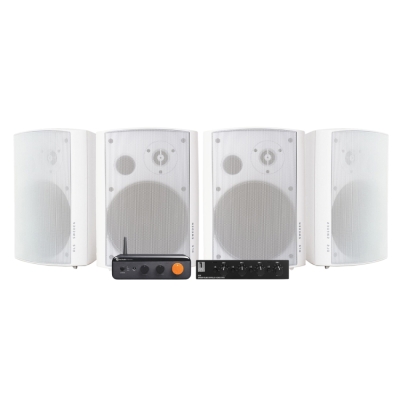 2 pary DLS MB6i w białym kolorze z Fosi Audio BT20 Max, zestaw multiroom