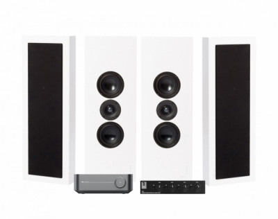 WiiM Amp, SC4B & 2 pary matowobiałych DLS Flatbox XL