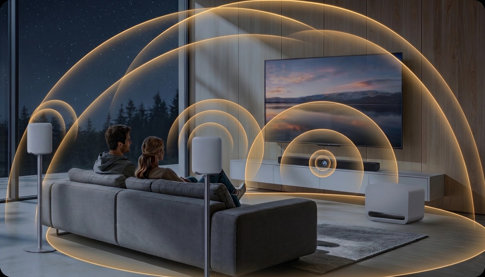 WiiM Bar under a TV with emitting spherical zones, to emphasize the surround effect