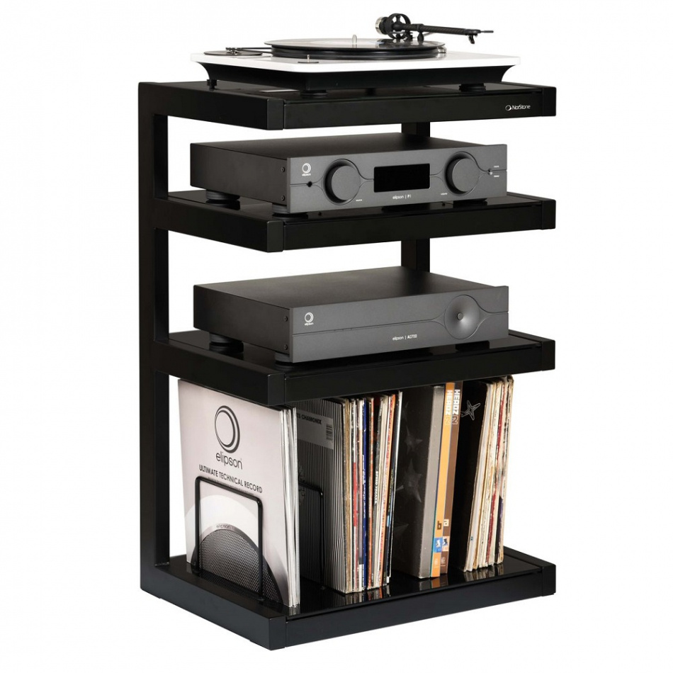 Norstone Esse Hifi Vinyl, matowa czerń z czarnymi półkami i schowkiem na winyle