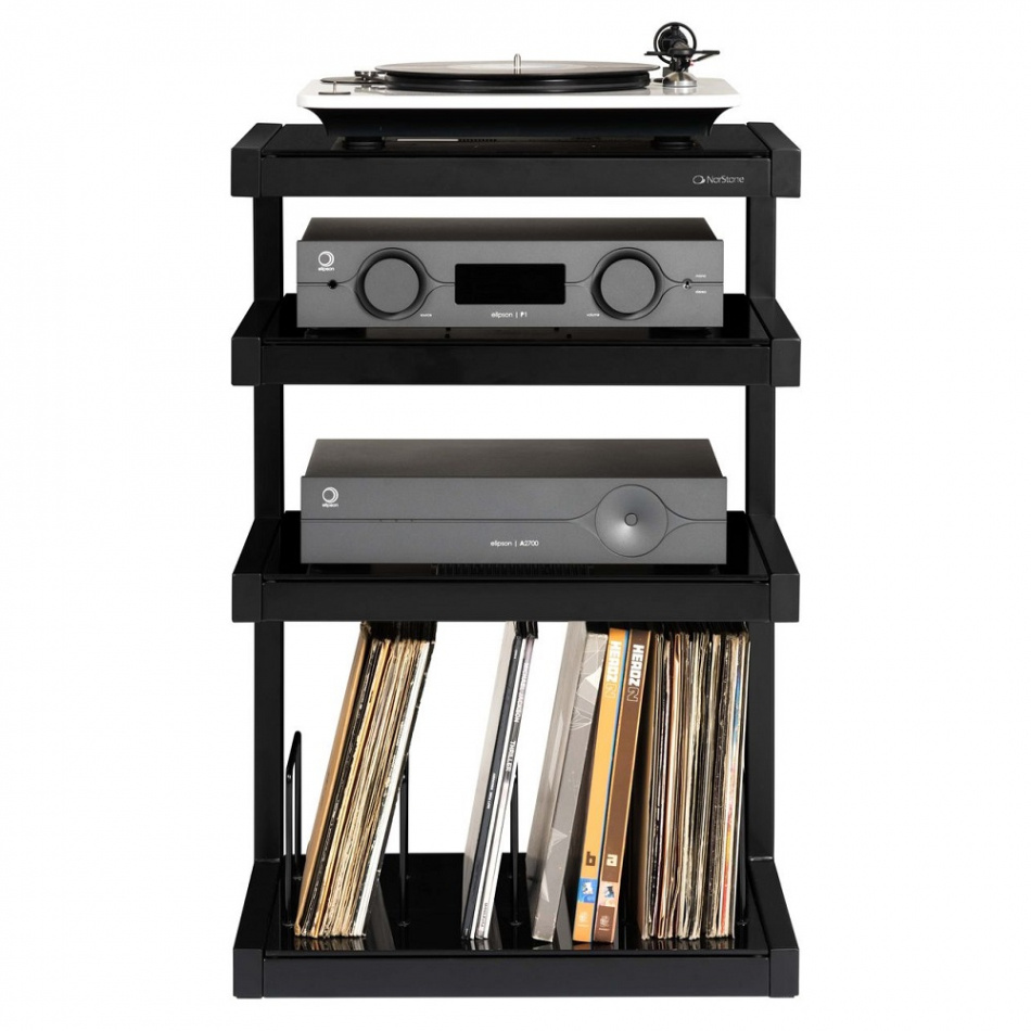 Norstone Esse Hifi Vinyl, matowa czerń z czarnymi półkami i schowkiem na winyle