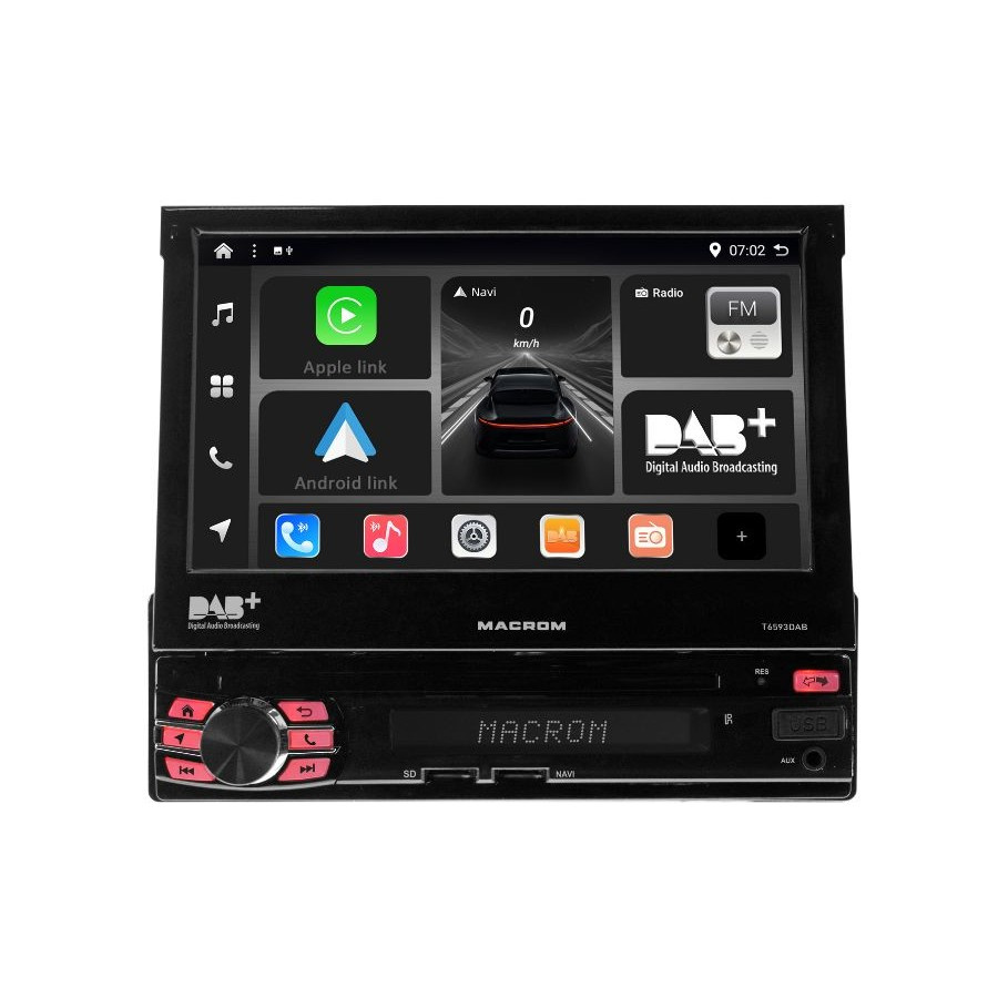 Macrom T6593DAB radio samochodowe z motoryzowanym ekranem, Android 13 i więcej