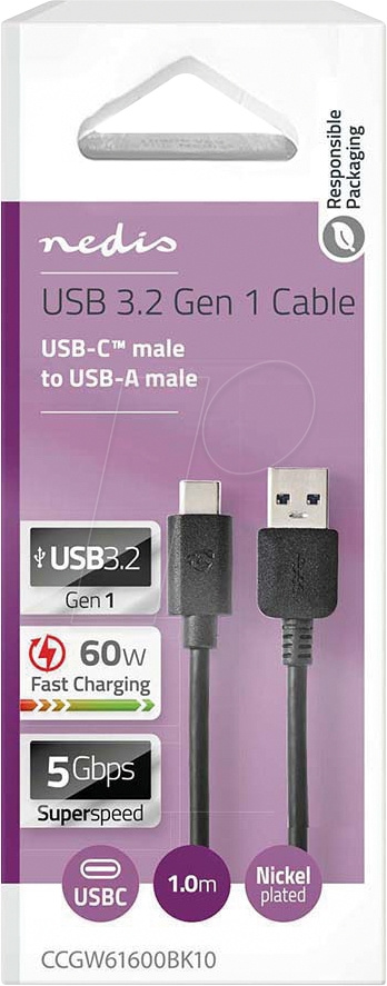 NEDIS CCGW61600BK10 kabel USB-A do USB-C, czarny, 1 metr