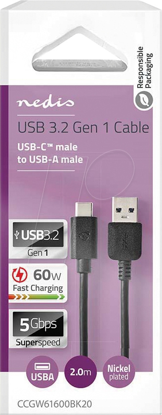NEDIS CCGW61600BK20 kabel USB-A do USB-C, czarny, 2 metry