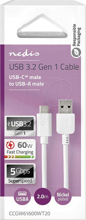 NEDIS CCGW61600WT20 kabel USB-A do USB-C, biały, 2 metr