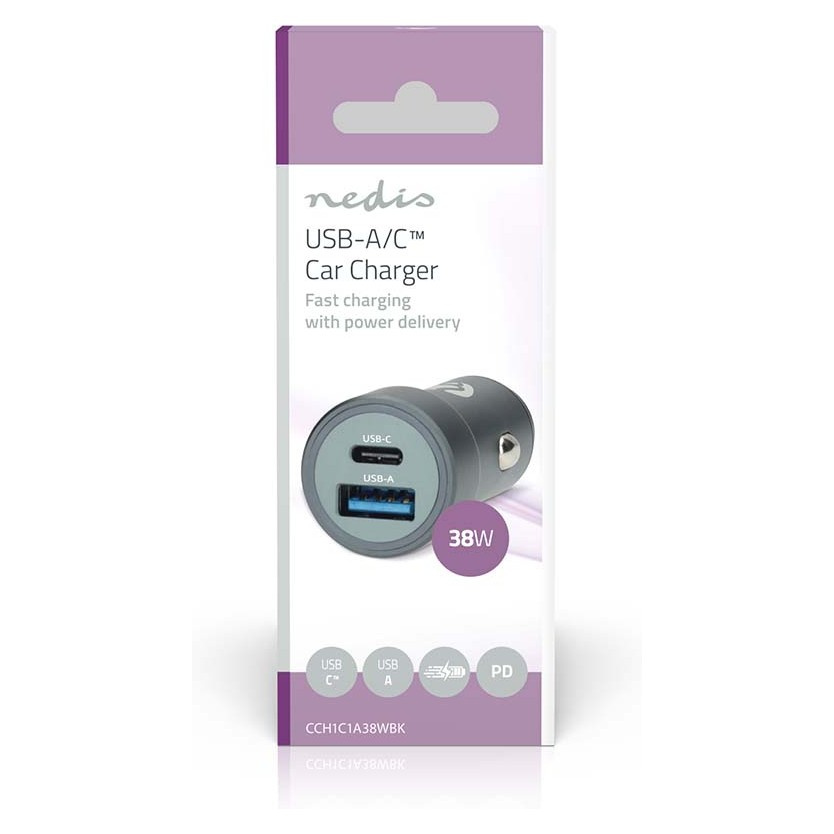 Ładowarka samochodowa Nedis 38W z 2 wyjściami, USB-C PD i USB-A Quick Charge