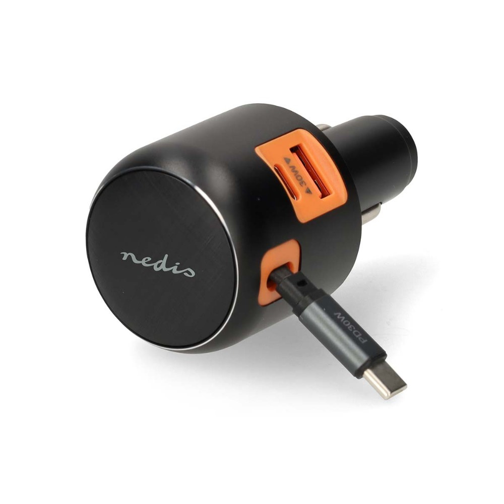 Nedis ładowarka samochodowa z wysuwanym kablem USB-C i wyjściami USB-A/C