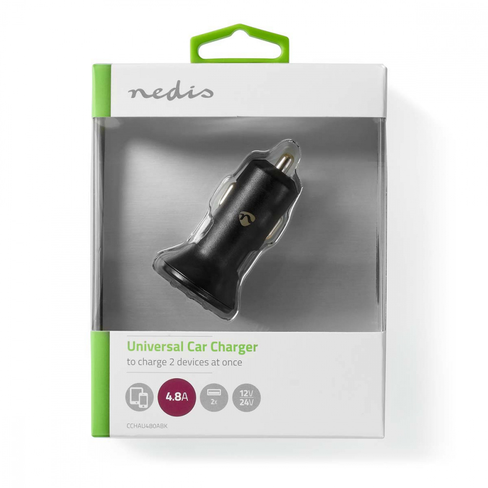 Nedis ładowarka samochodowa, 2.4A, 2x wyjścia USB-A, czarny
