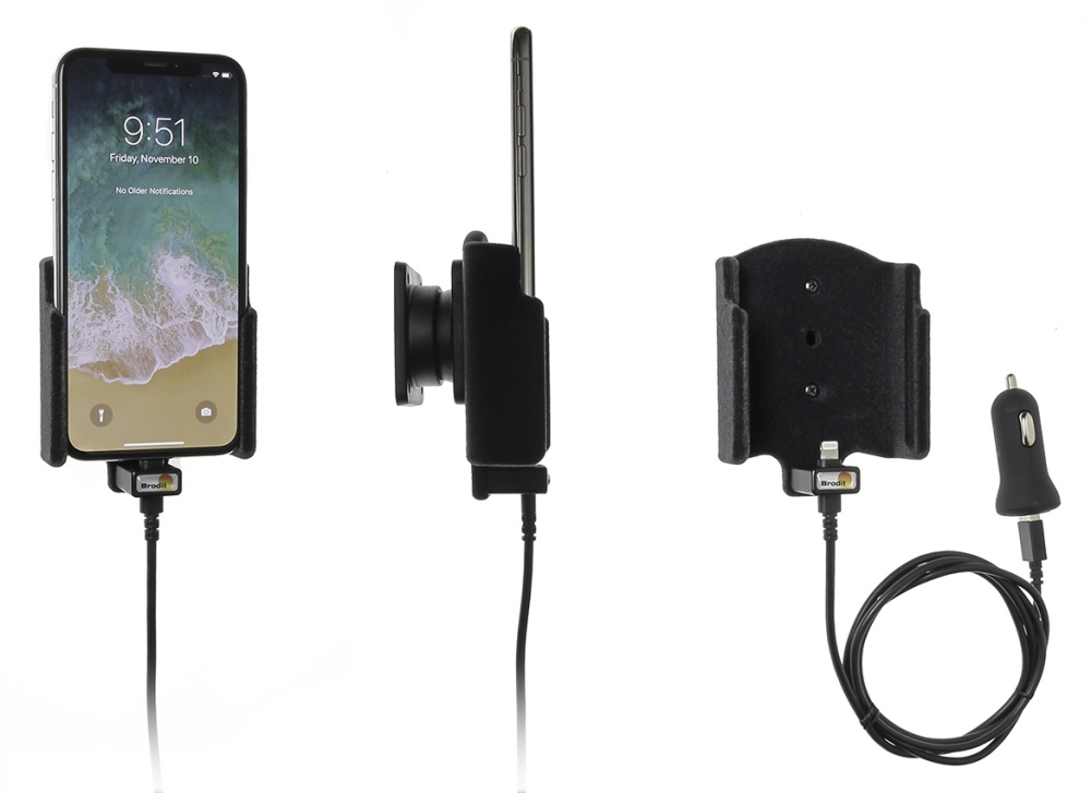 Aktywny uchwyt Brodit z kablem USB i adapterem do gniazda zapalniczki, Apple iPhone X/Xs