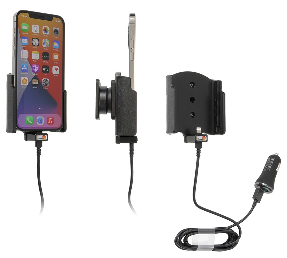 Aktywny uchwyt Brodit z kablem USB i adapterem do gniazda zapalniczki, Apple iPhone 12/12 Pro
