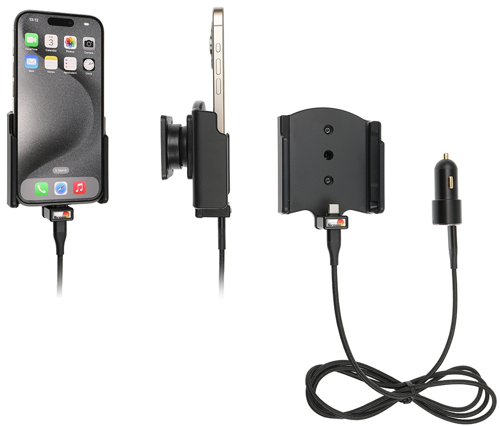 Brodit Aktywny uchwyt z kablem USB i adapterem do gniazda zapalniczki, Apple iPhone 15/15 Pro