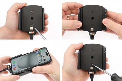 Brodit Aktywny uchwyt z kablem USB i adapterem do gniazda zapalniczki, Apple iPhone 15/15 Pro/16/16 Pro/16e