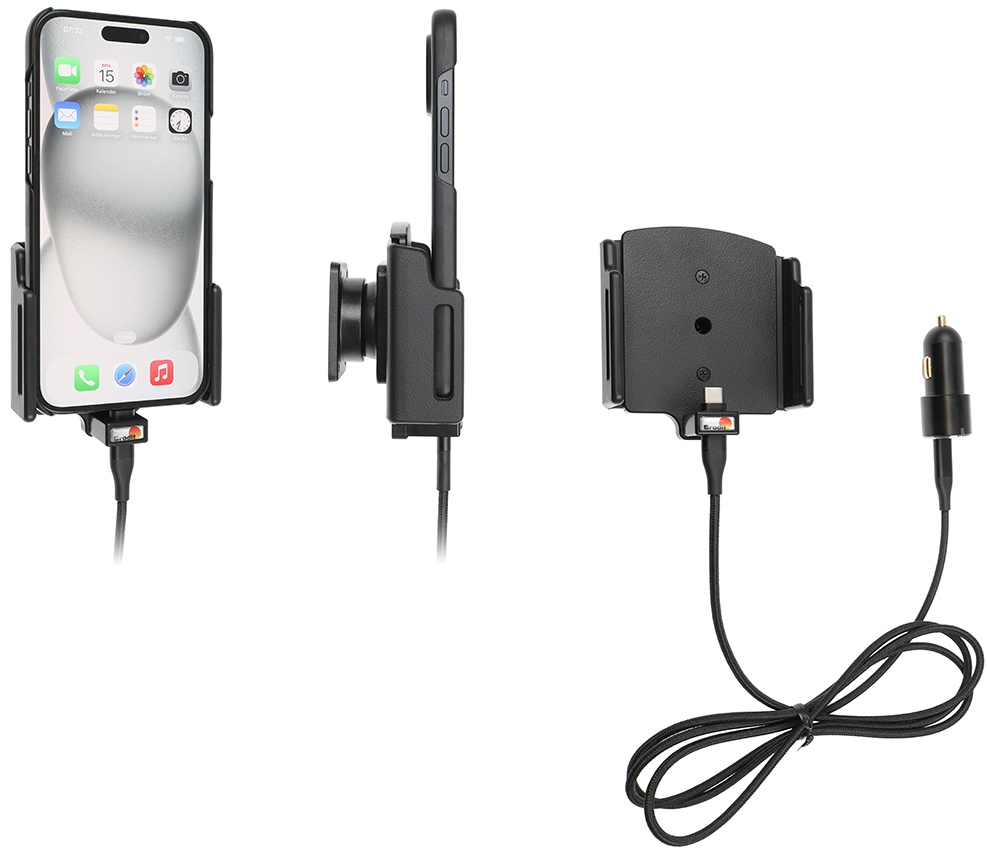 Brodit Aktywny uchwyt z kablem USB i adapterem do gniazda zapalniczki, Apple iPhone 15 Plus/15 Pro Max/16 Plus/16 Pro Max