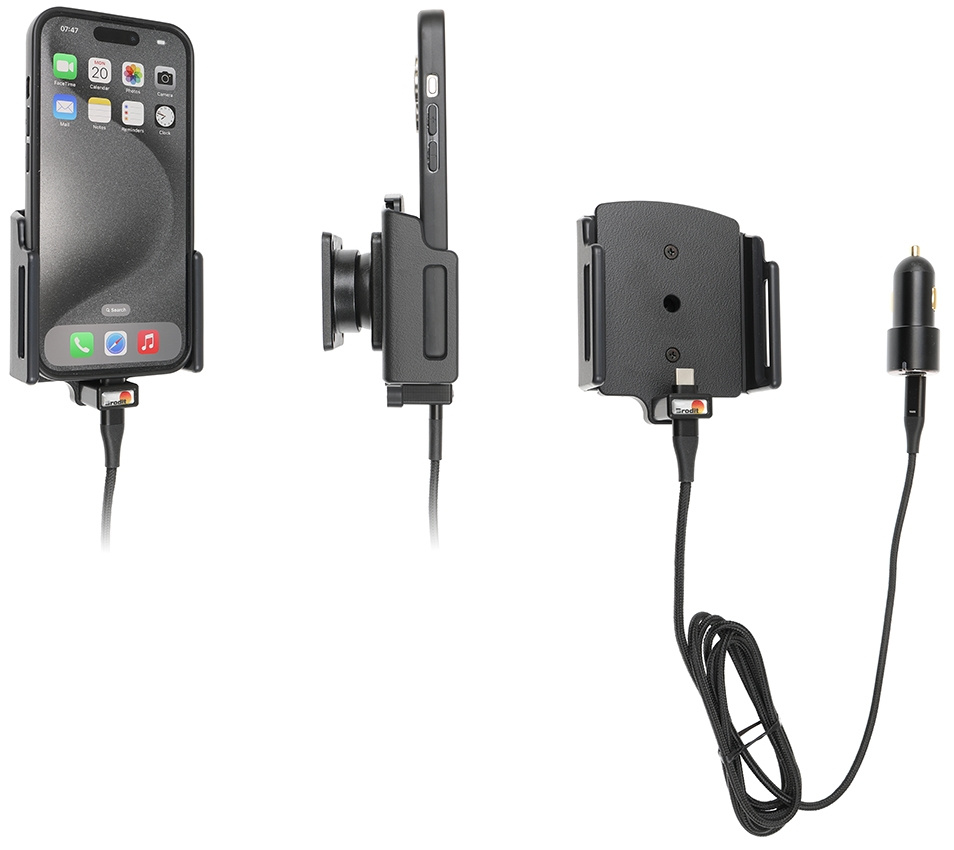 Brodit Aktywny uchwyt z kablem USB i adapterem do gniazda zapalniczki, Apple iPhone 15/15 Pro/16/16 Pro/16e