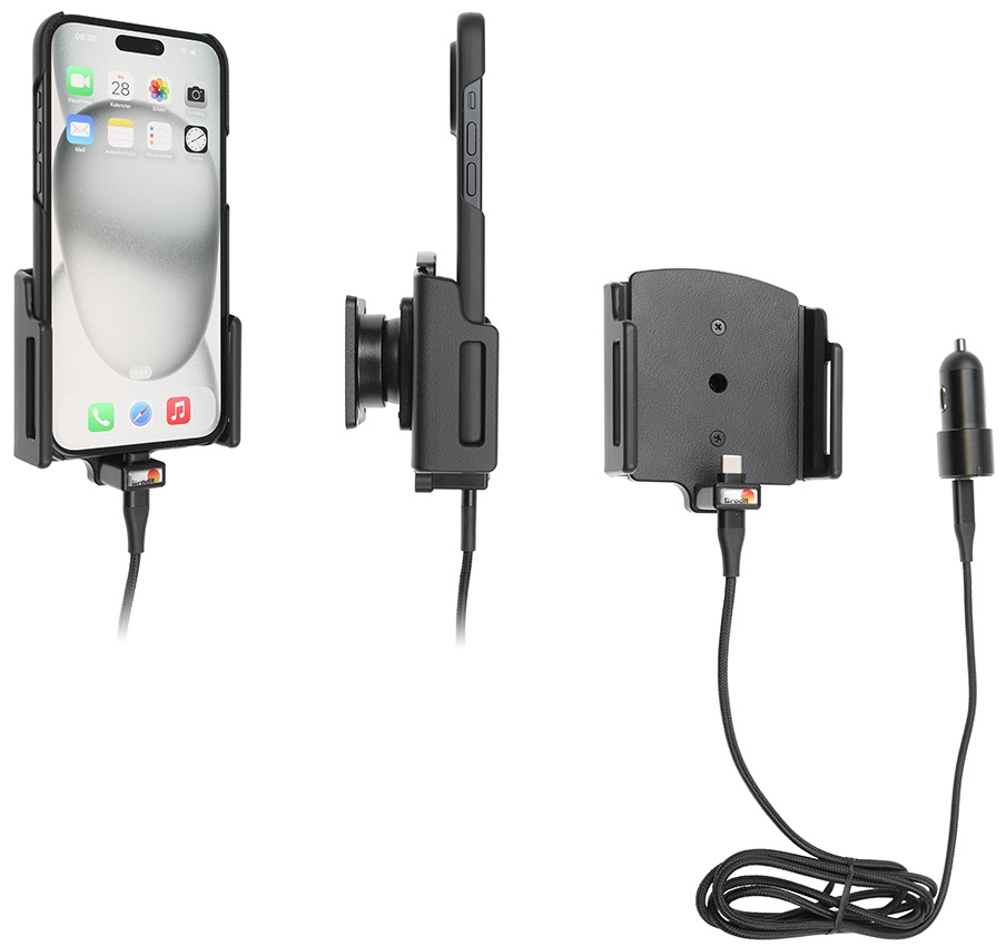 Brodit Aktywny uchwyt z kablem USB i adapterem do gniazda zapalniczki, Apple iPhone 15 Plus/15 Pro Max/16 Plus/16 Pro Max