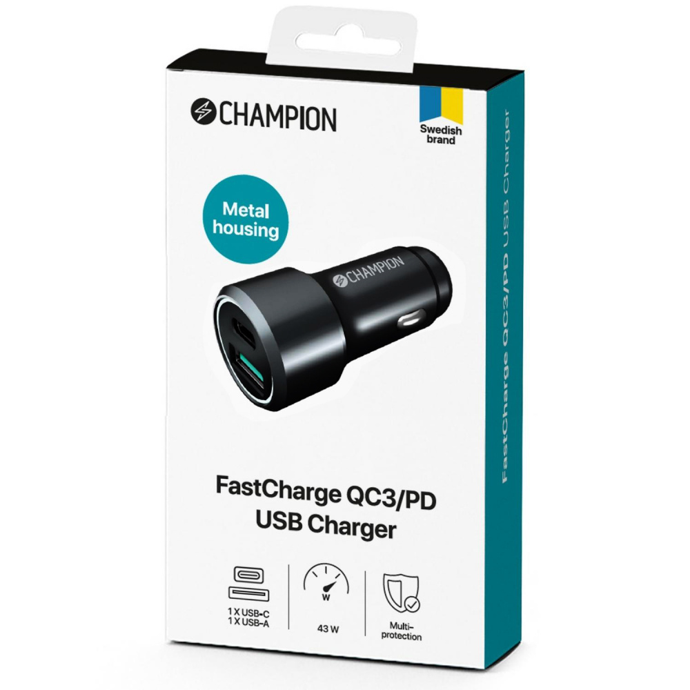 Champion FastCharge ładowarka samochodowa USB-B/C Duo, 43W