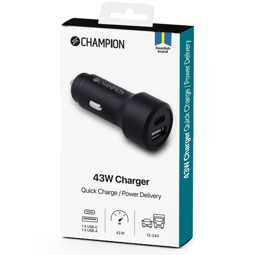 Champion FastCharge ładowarka samochodowa USB-B/C Duo, 43W