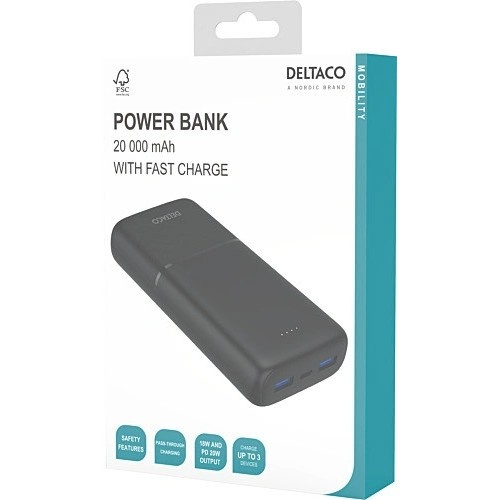 Deltaco PB-C1008 powerbank 20 000 mAh, 20 W PD, czarny