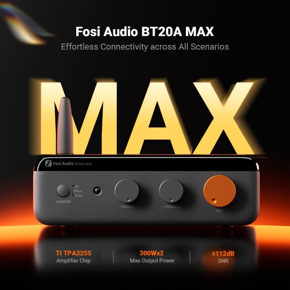 Fosi Audio BT20A MAX wzmacniacz stereo z Bluetooth i zasilaczem 48V