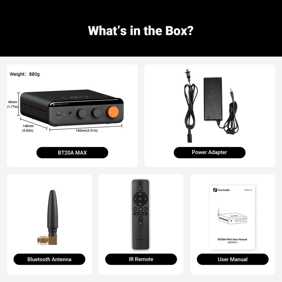 Fosi Audio BT20A MAX wzmacniacz stereo z Bluetooth i zasilaczem 48V