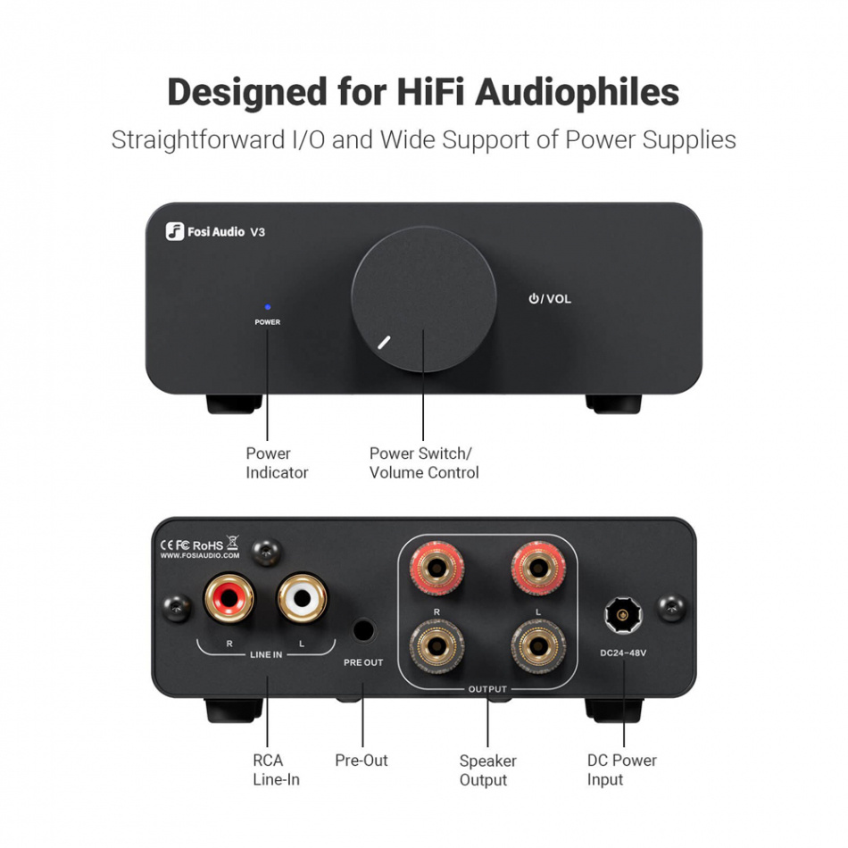 Fosi Audio V3 kompaktowy wzmacniacz, zasilacz 32V