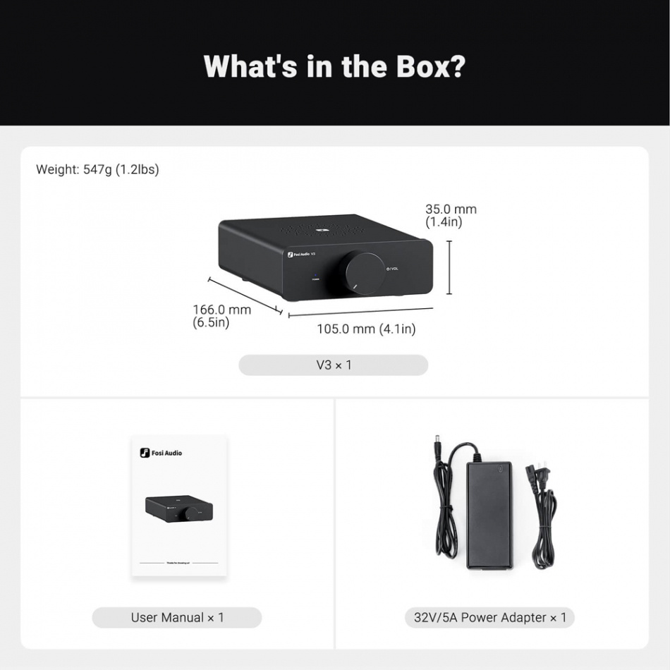 Fosi Audio V3 kompaktowy wzmacniacz, zasilacz 32V