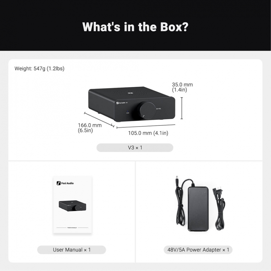 Fosi Audio V3 kompaktowy wzmacniacz, zasilacz 48V