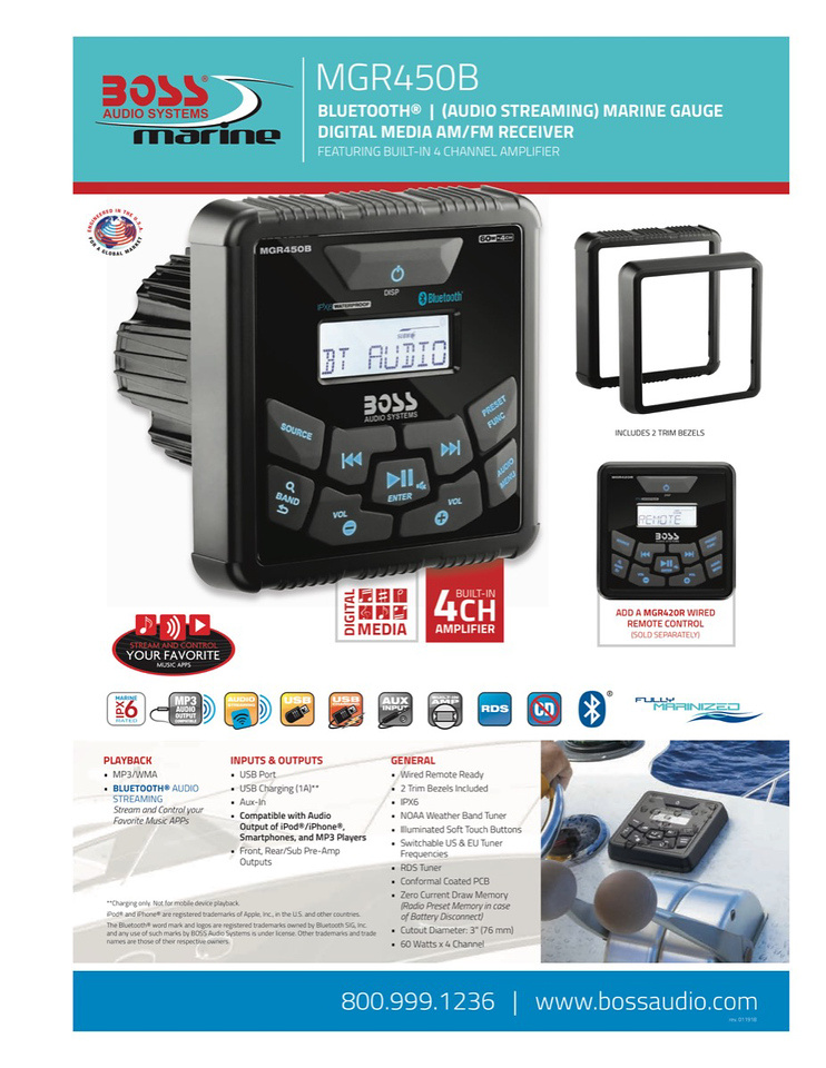 BOSS MGR450B marinstereo z Bluetooth