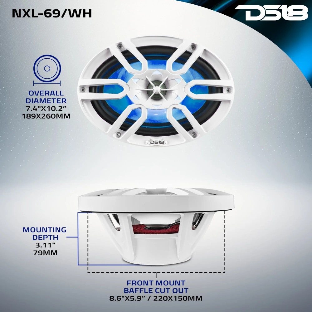 DS18 NXL-69/WH, białe 6x9-calowe głośniki morskie z LED, para