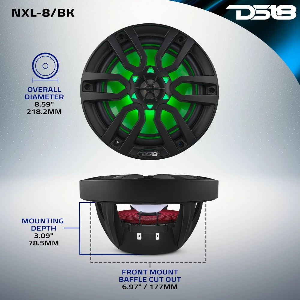 DS18 NXL-8/BK, czarne 8-calowe głośniki morskie z LED, para