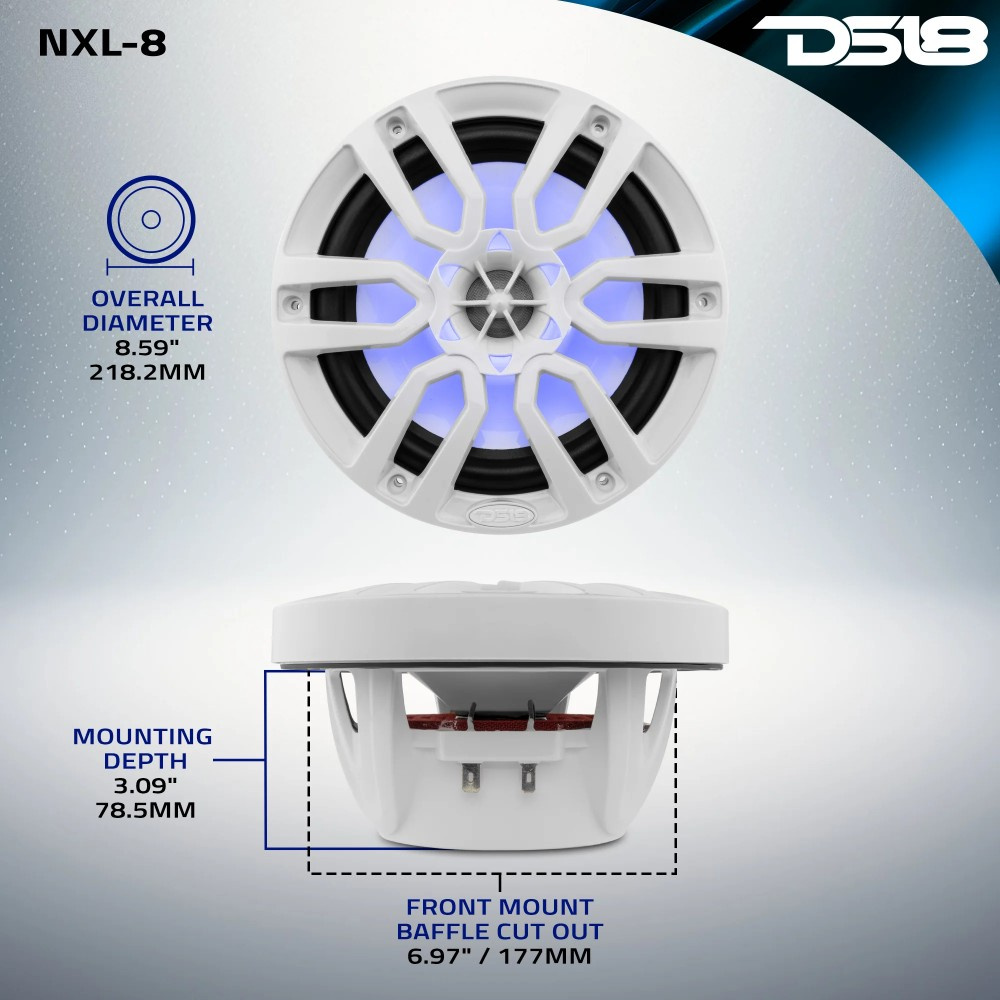 DS18 NXL-8, białe 8-calowe głośniki morskie z LED, para