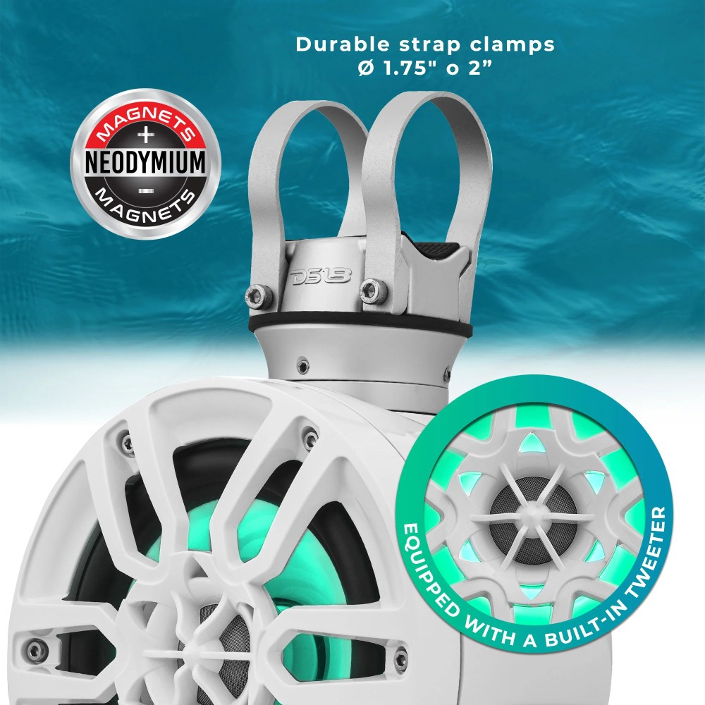 DS18 NXL-PS6W, białe 6,5-calowe morskie głośniki w podach z LED, para