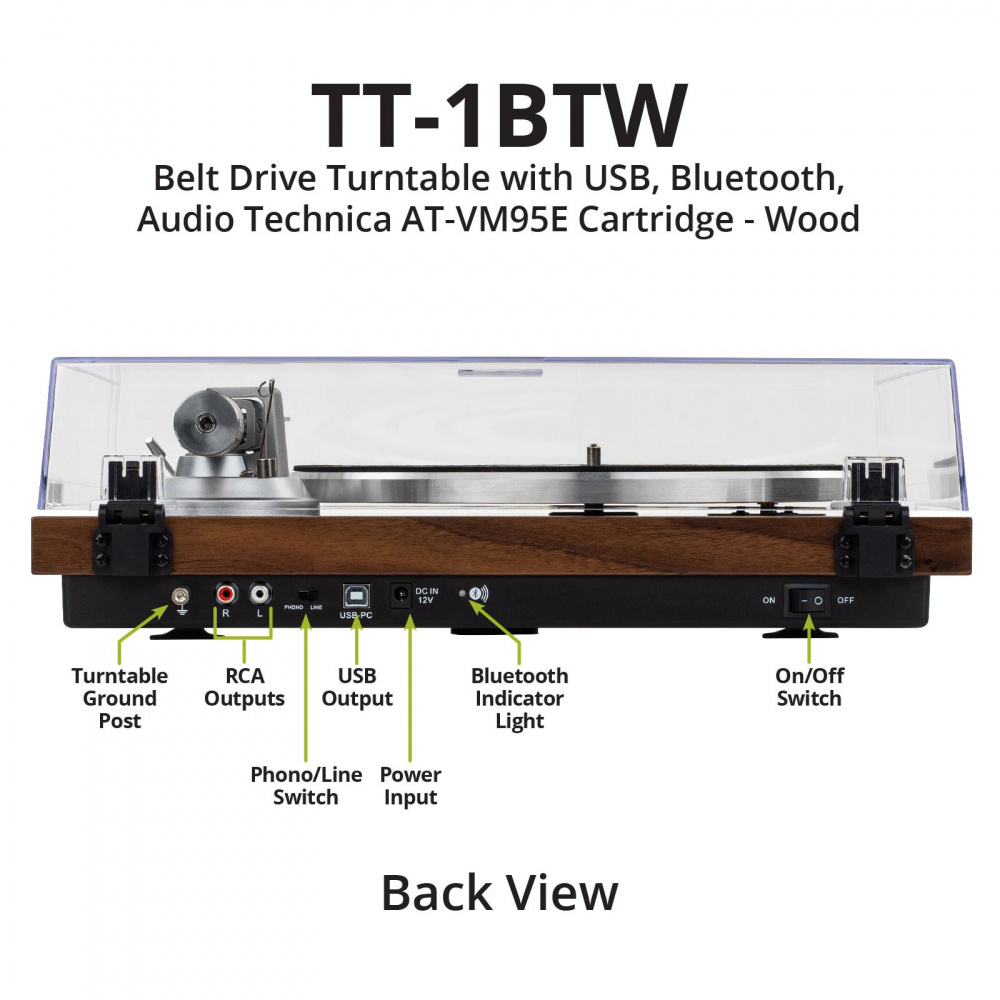 Dayton Audio TT-1BTW, gramofon z BT, USB i wbudowanym RIAA, drewniany
