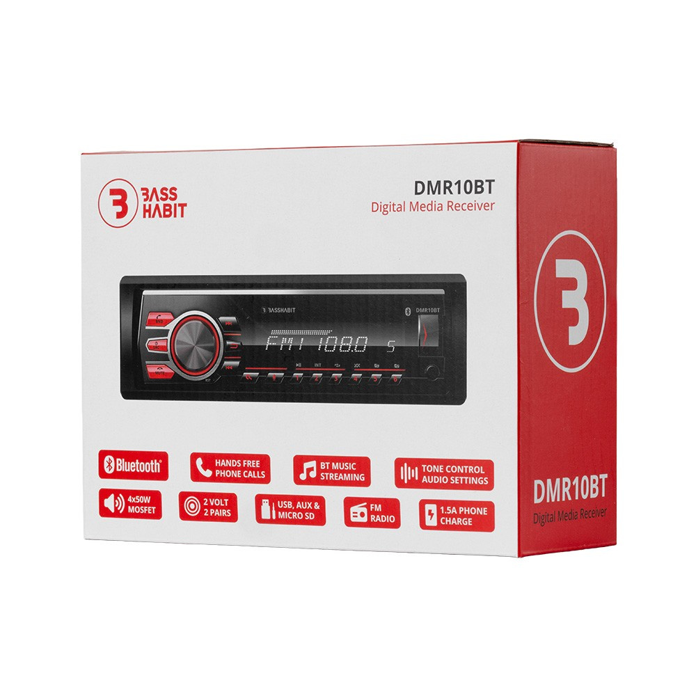 Bass Habit DMR10BT, radio samochodowe z Bluetooth, AUX, USB i 2 parami wyjść niskopoziomowych