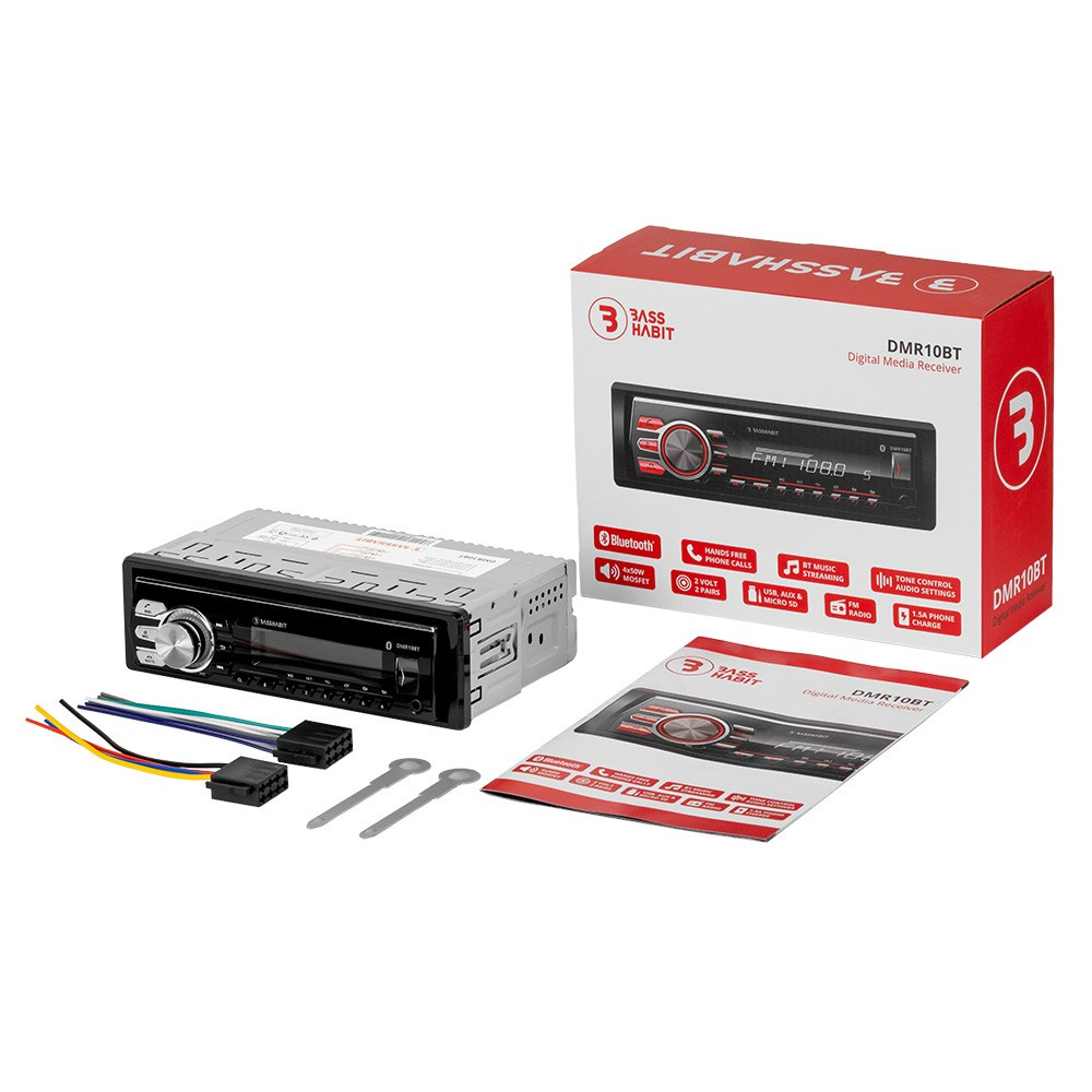 Bass Habit DMR10BT, radio samochodowe z Bluetooth, AUX, USB i 2 parami wyjść niskopoziomowych