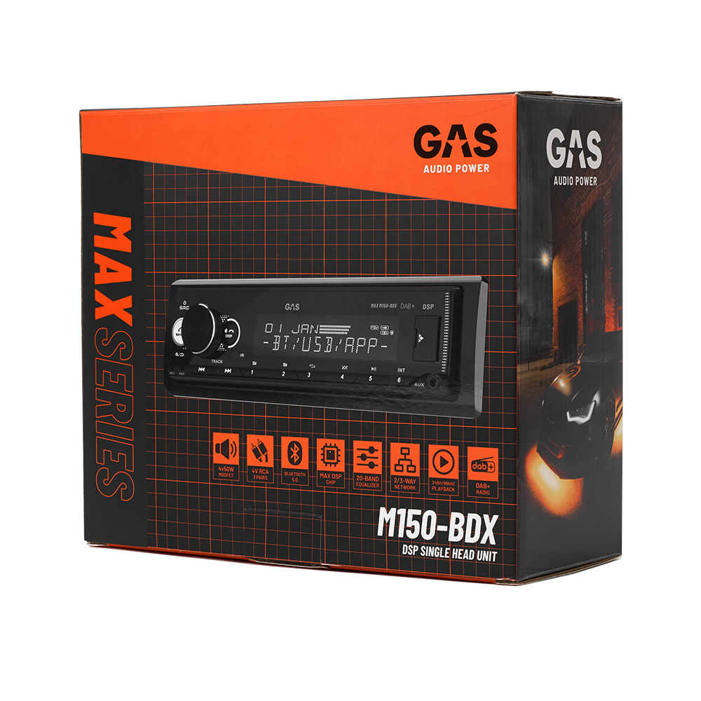 GAS MAX M150-BDX radio samochodowe z Bluetooth, DAB, 32-bitowym DSP i 3 parami (4V) wyjść liniowych