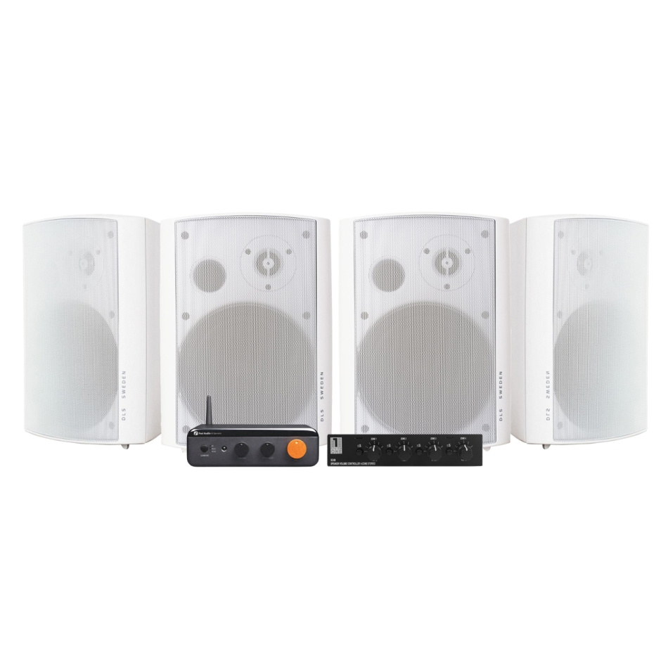 2 pary DLS MB6i w białym kolorze z Fosi Audio BT20 Max, zestaw multiroom