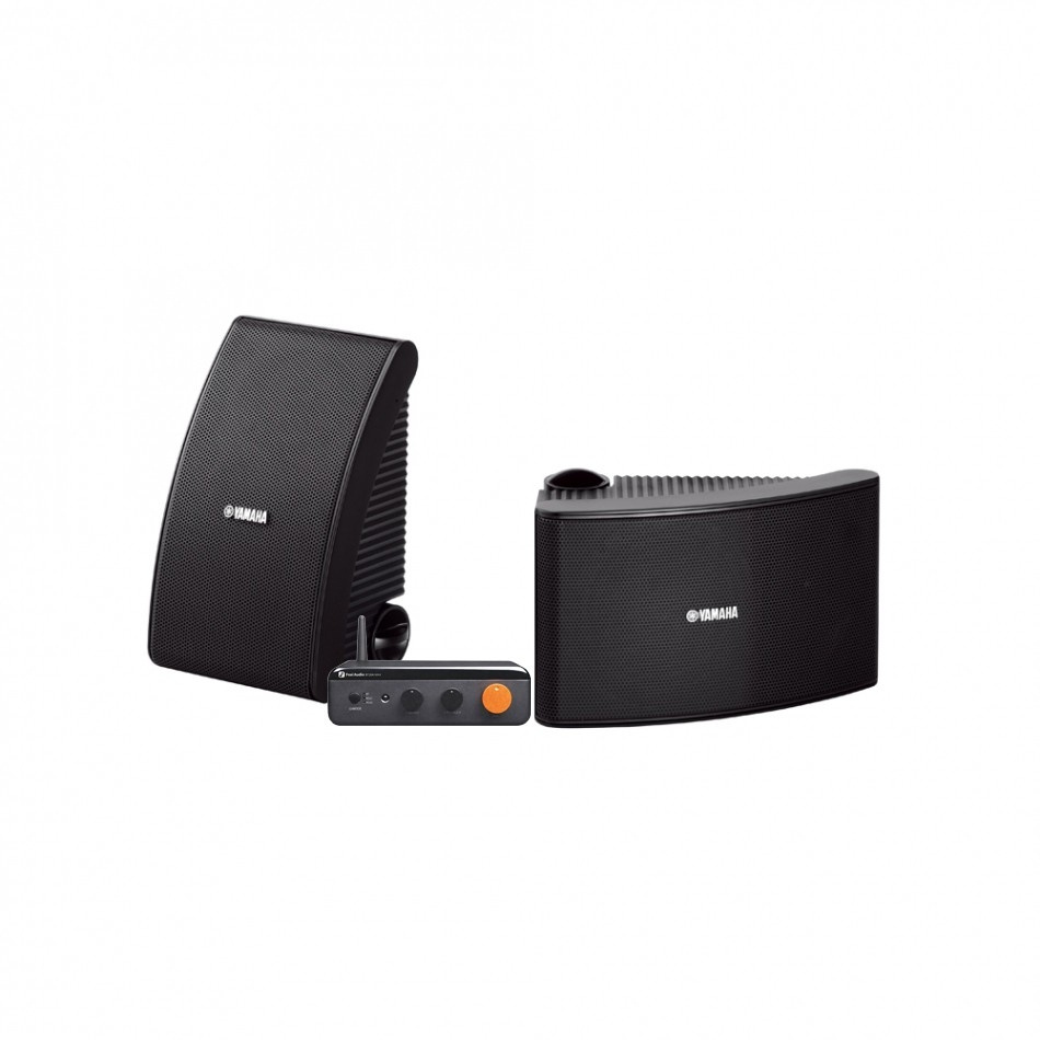 Yamaha NS-AW392 w czerni z Fosi Audio BT20A Max, zestaw na zewnątrz