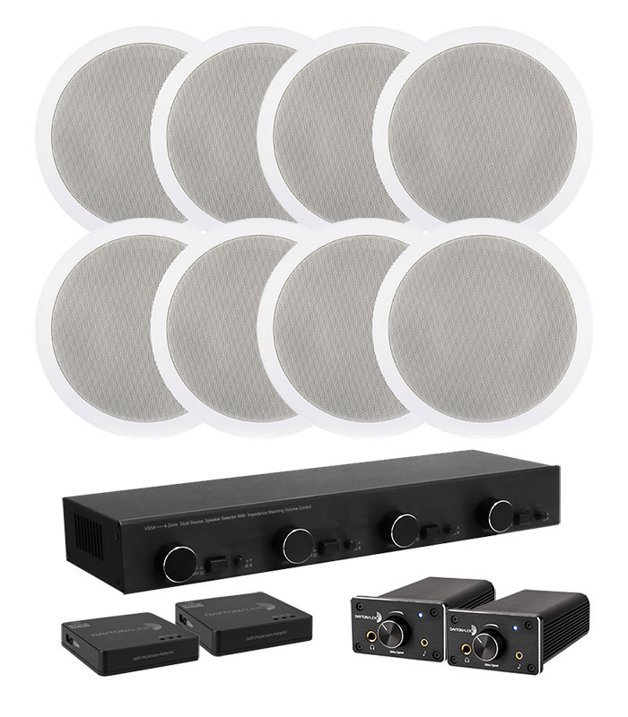 Dayton Audio DTA-120BT z przełącznikiem głośnikowym, adapterem WiFi i 4 parami głośników