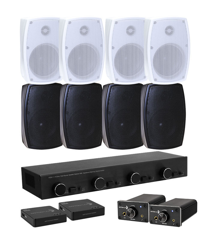 Dayton Audio DTA-120BT z przełącznikiem głośnikowym, adapterem WiFi i 4 parami głośników