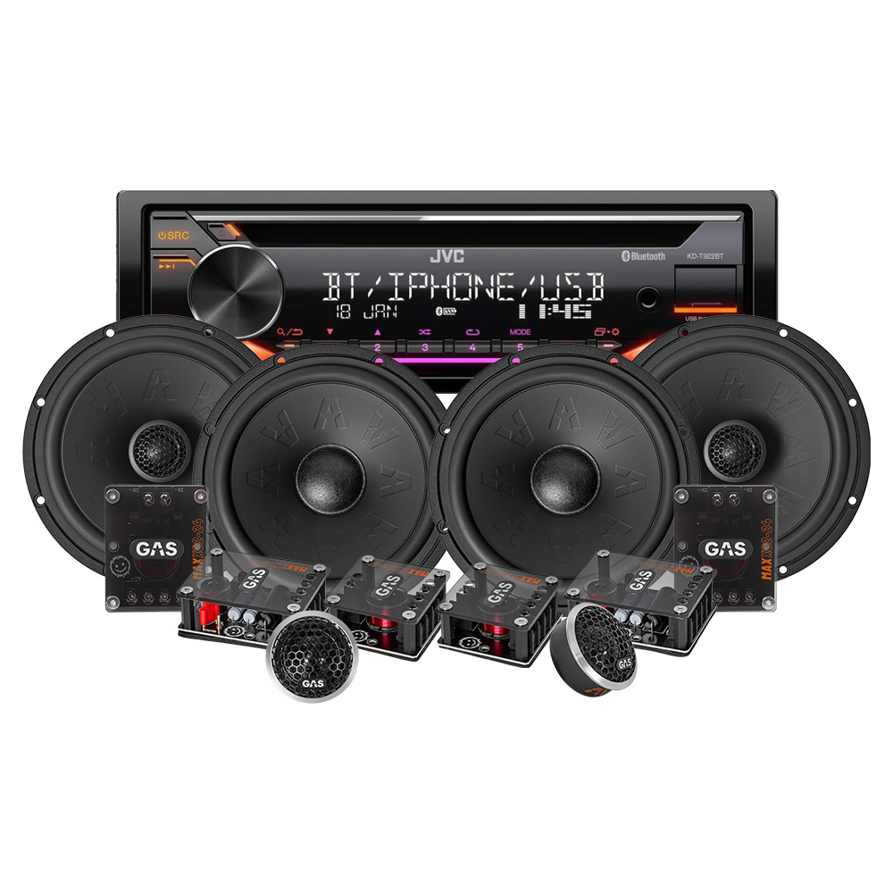 JVC KD-T922BT & zestaw przednich i tylnych głośników GAS MAX K2/X2, pakiet car audio