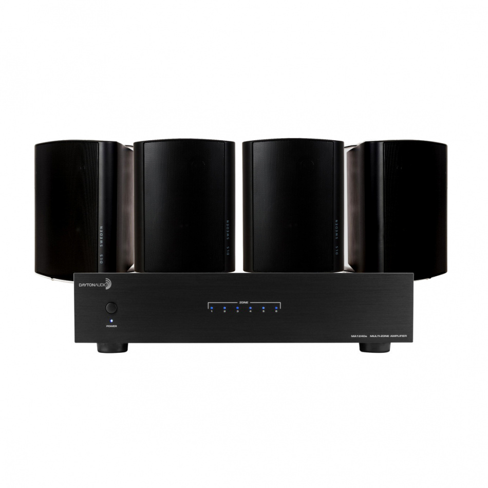 Dayton Audio MA1240 i 2 pary czarnych głośników zewnętrznych DLS MB5i