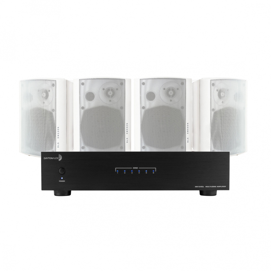 Dayton Audio MA1240 i 2 pary białych głośników zewnętrznych DLS MB5i