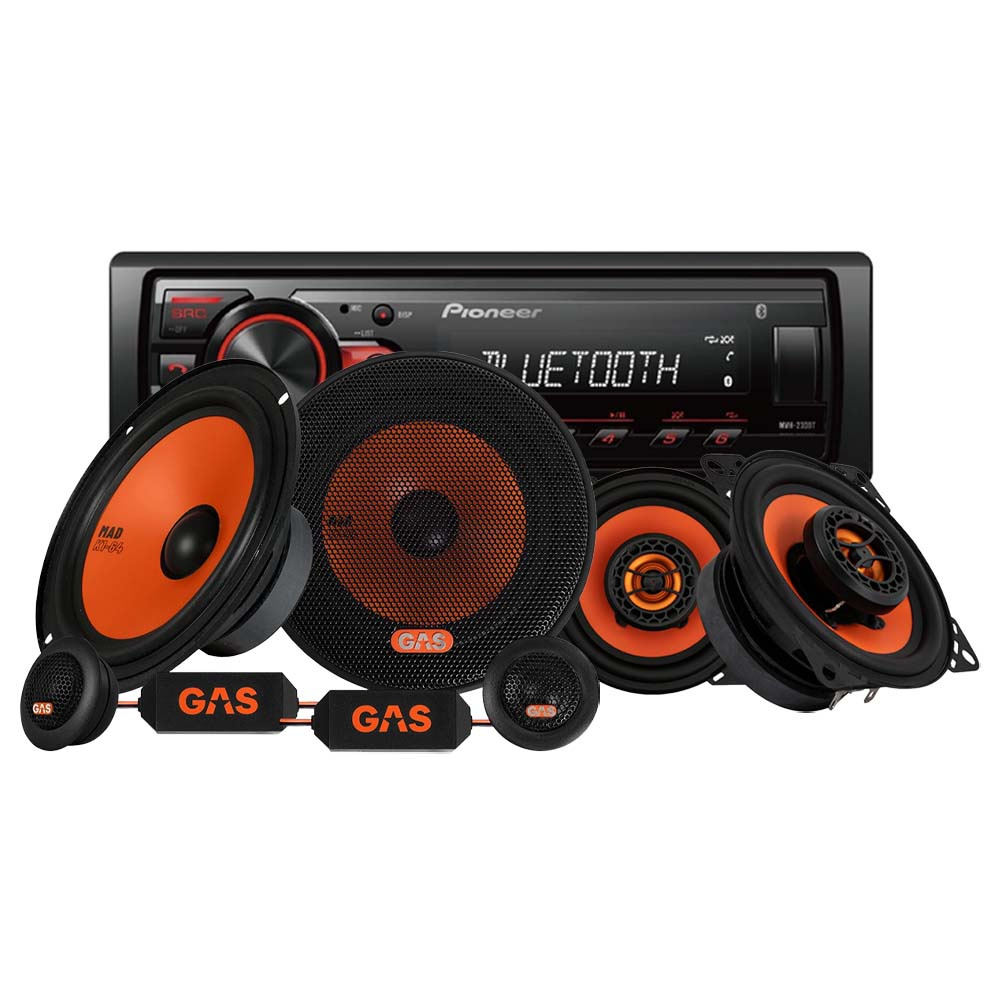 Pioneer MVH-230BT i przedni oraz tylny system GAS MAD K1, zestaw car audio