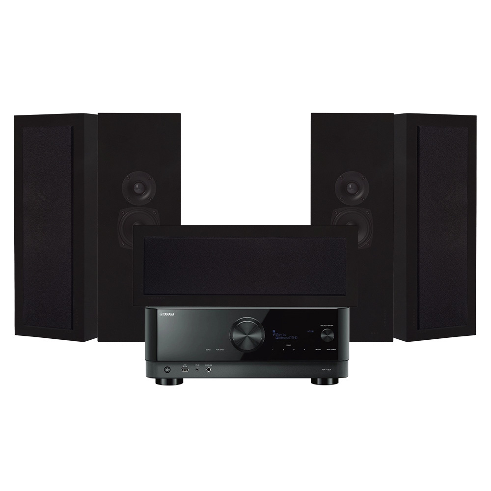 Yamaha RX-V4A i DLS Flatbox Slim Large On-Wall, zestaw kina domowego 5.0, matowa czerń